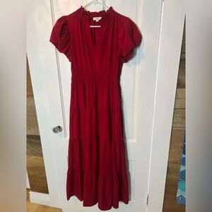 Entro Red Puff Sleeve V-Neck Maxi Dress